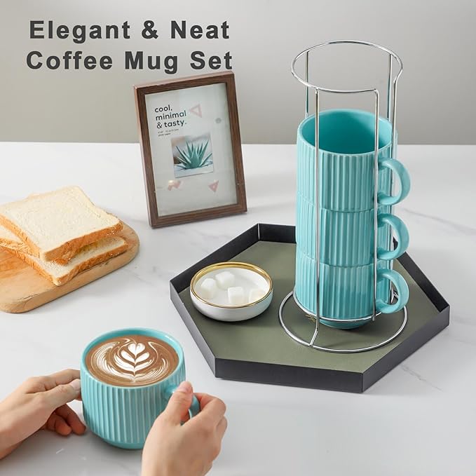 Hasense 15 oz Coffee Mug Set of 4 with Stand - Stackable Large Ceramic Ribbed Latte Cup Set for Cappuccino, Tea, Hot Cocoa, Drinks - Dishwasher & Microwave Safe, Turquoise