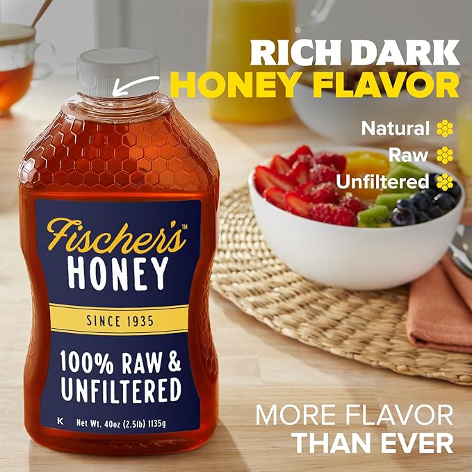 Fischer's 100% Pure, Raw & Unfiltered Honey, 40 oz – USA Made Honey – All-Natural Sweetener – Rich Flavor Profile, Packed with Nutrients