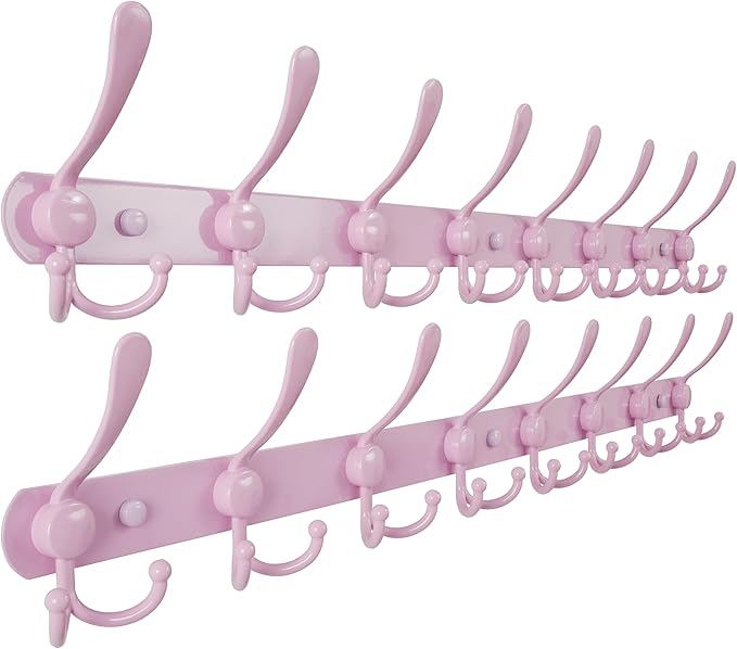 Dseap Coat Rack Wall Mount - 38” Long 10-Tri-Hooks Heavy Duty Coat Hanger Rail Wall Hooks for Hanging Coats Hats Clothing Clothes Purse Mudroom Entryway, Pink, Pack of 2