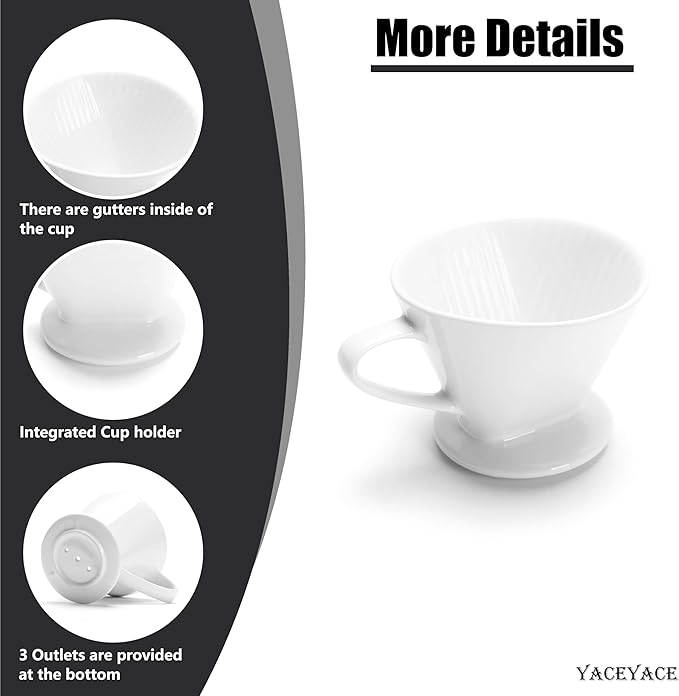 Pour Over Coffee Maker, Single White Ceramic Coffee Dripper with 3 Holes, Large Coffee Pour Over for Shop, Office, Home