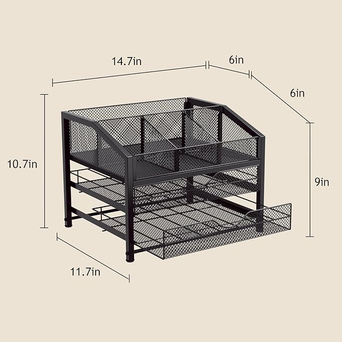 Coffee Bar Organizer - Coffee Station for Countertop, Metal and Wood K Cup holder Storage Basket for Syrup, Cups, Stirrer, Condiment, Tea Organizer, Black