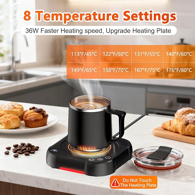 Coffee Mug Warmer & Cup Set - Desk Coffee Cup Warmer for Office/Home with 8-Temp Fast Heating (176℉ Max), Auto Shut Off, Gravity-Induction, 1-12H Timer - Ideal Gift for Coffee Lovers
