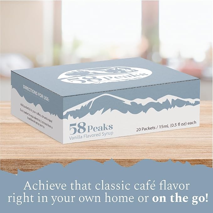 58Peaks Vanilla Flavored Syrup Sweetener Packets for Hot and Cold Drinks | To-Go Syrup Flavoring Perfect for Coffee, Tea, Milkshake and More | Flavored Coffee Syrups for Travel | 15mL | 20-Pack