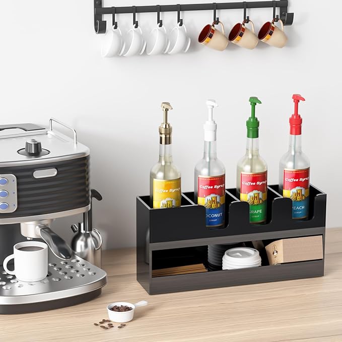 Coffee Condiment and Cup Organizer - 2-Tier Upright Cup and Lid Holder with Straw Organizer 5 Compartments Black Acrylic Cup Dispenser for Restaurant Breakroom Coffee Station Countertop