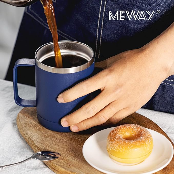 MEWAY 12oz Coffee Mug With Handle and Sliding Lid,Stainless Steel Travel Tumbler Cup with Handle,Double Wall Vacuum Insulated Camping Cup for Hot & Cold Drinks Tea (Navy,Set of 1