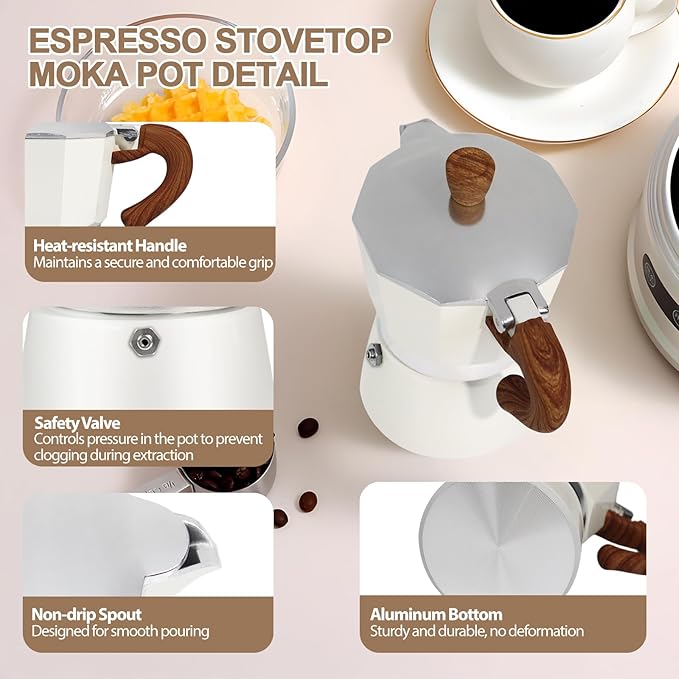 Aluminum 6 Cup 300ml Moka Pot Express Coffee Maker Stovetop Espresso Colorful Coffeemaker Italian Classic Style Brewing Greca Cafe Mocha Machine for Cafeteras Lover Camping Travel and Home Use 10oz