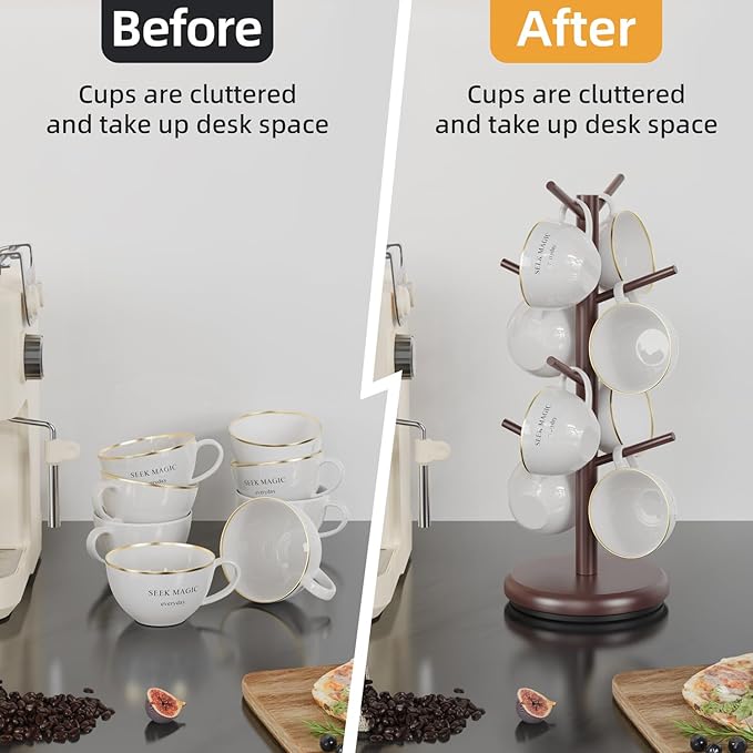 BAMBANG Mug Holder Tree, 360° Rotating 8 Hooks Coffee Cup Holder for Counter, Bamboo Coffee Mug Rack Standing for Kitchen Countertop Home, Espresso