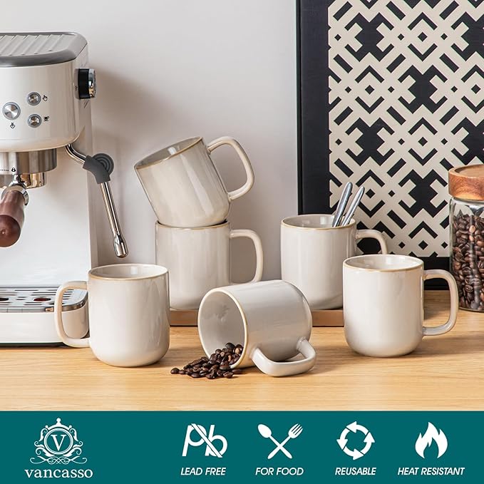 vancasso Coffee Mugs Set of 6, 12 Oz Ceramic Coffee Cups with Handle, Ceramic Unique Glaze Coffee Cup for Cappuccino, Latte, Tea, Cocoa, Dishwasher & Microwave Safe Gift Sets, Beige, Series PLAYA