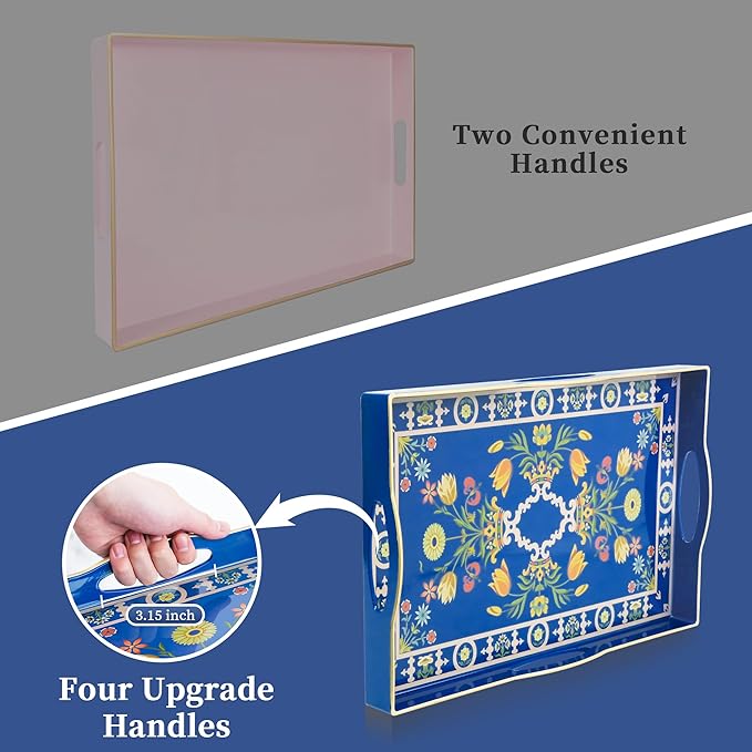 Gifturbo Blue Decorative Tray with Four Handles, Versatile Serving Tray for Coffee Table, Ottoman, Ideal for Serving, Displaying, Organizing,Home Decor