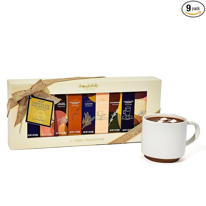 Thoughtfully Gourmet Hot Chocolate Gift Set, Flavors Include Salted Caramel, Peppermint, French Vanilla and More, Packaged in Gift Box with Bow, Set of 9