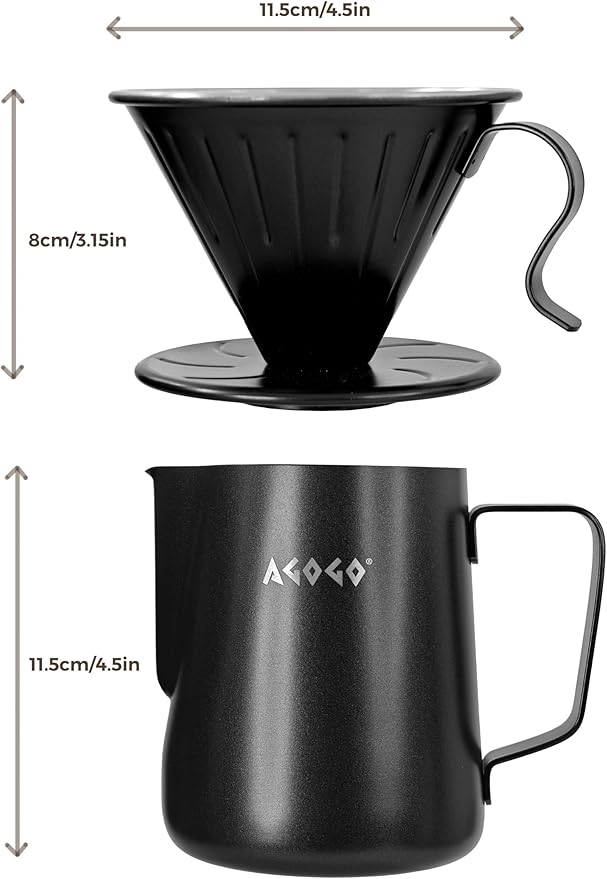 AGOGO Compact Portable Pour Over Coffee Maker Set - Easy Cleaning 304 Stainless Steel Dripper Set for Camping & 50 Filters Paper & Cleaning Rag (Black, 600ml)