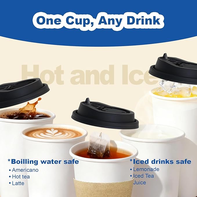 16 oz 100 Pack Coffee Cups with Lids and Sleeves, Straws, Hot Disposable To Go Travel Paper Cups Bulk for Office, Home Coffee Bar Accessories, Chocolate, Cocoa, Beverage (White)