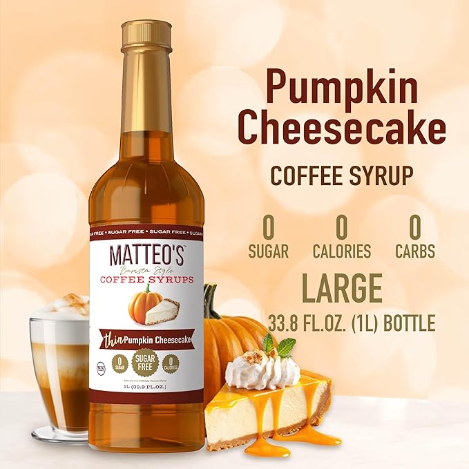 Matteo's Pumpkin Cheesecake Syrup for Coffee, Lattes, Cappuccinos & Desserts – Sugar-Free Sweetener for Beverages, Keto Friendly, Zero Calories, Indulgent Flavor, Non-Alcoholic, 33.8oz (6pk)