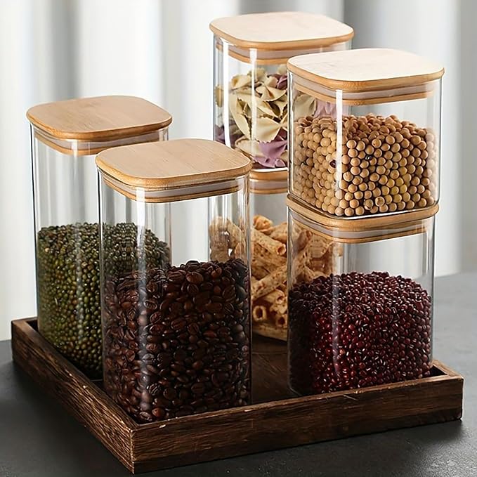 38 oz Glass Food Storage Jars with Airtight Lids, Clear Glass Jar with Bamboo Lid, Airtight Food Canister for Tea, Candy, Coffee, Sugar, Cookie, Snack. (Square | 5+6 Inch)