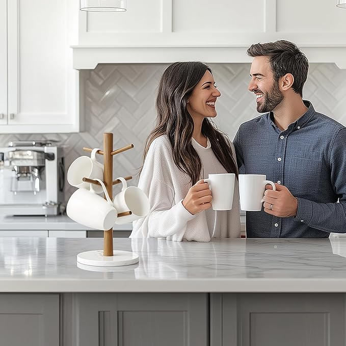 Buruis Wood Mug Holder, Marble Base Cup Rack Tree, Mug Stand Hanger, Kitchen Coffee Tree Countertop Tea Holder Stand, Coffee Cup Dryer with 6 Hooks (Round Base White)