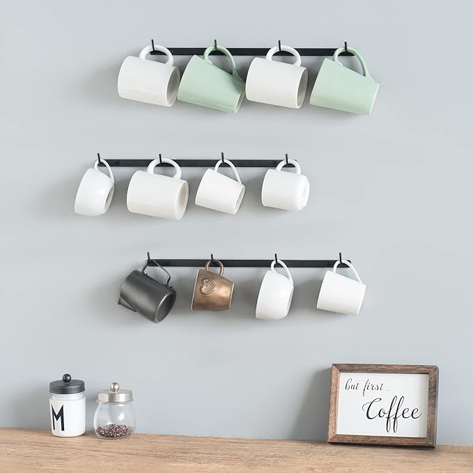 Dahey Metal Coffee Mug Rack Wall Mounted with 12 Mug Hooks, Set of 3, Mug Display Rack Cup Holder Storage for Kitchen Dining Room Coffee Bar, Black