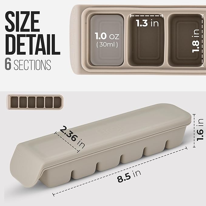 Silicone Ice Cube Freezer Tray with Lid, 100% Food-Grade Platinum Silicone,Leak Resistance & Dishwasher Safe for Baby Food Prep,Breast Milk,Purees - Korean Made (Beige 2-Pack 1 oz/6 Sections)