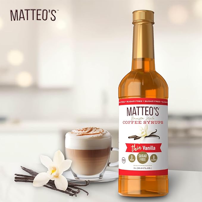 Matteo's Vanilla Syrup for Coffee, Lattes, Cappuccinos & Desserts – Sugar-Free Sweetener for Beverages, Keto Friendly, Zero Calories, Indulgent Flavor, Non-Alcoholic, Ideal for Hot Drinks 33.8oz (1pk)