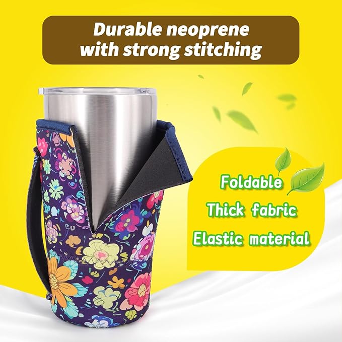 3 Pack Iced Coffee sleeve Insulated Neoprene Cup Sleeves with handle For Cold Drinks Beverages, Reusable Cup Holder for 16oz-32oz Coffee Cups (Honeycomb Buzz)
