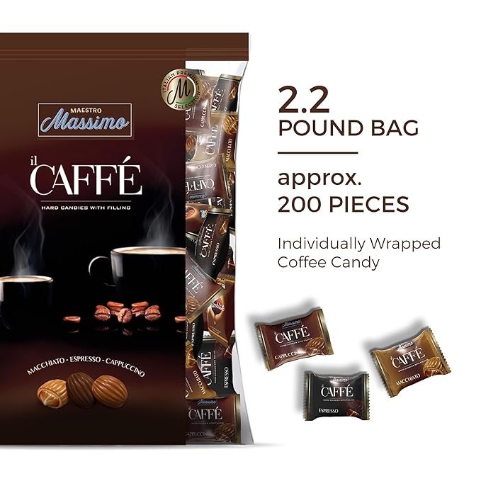 Maestro Massimo Coffee Candy with Center Filling, 3mg Caffeine per Candy, Individually Wrapped, Macchiato, Espresso, Cappuccino Flavored, 2.2 Pound Bulk Bag - Pack of 1