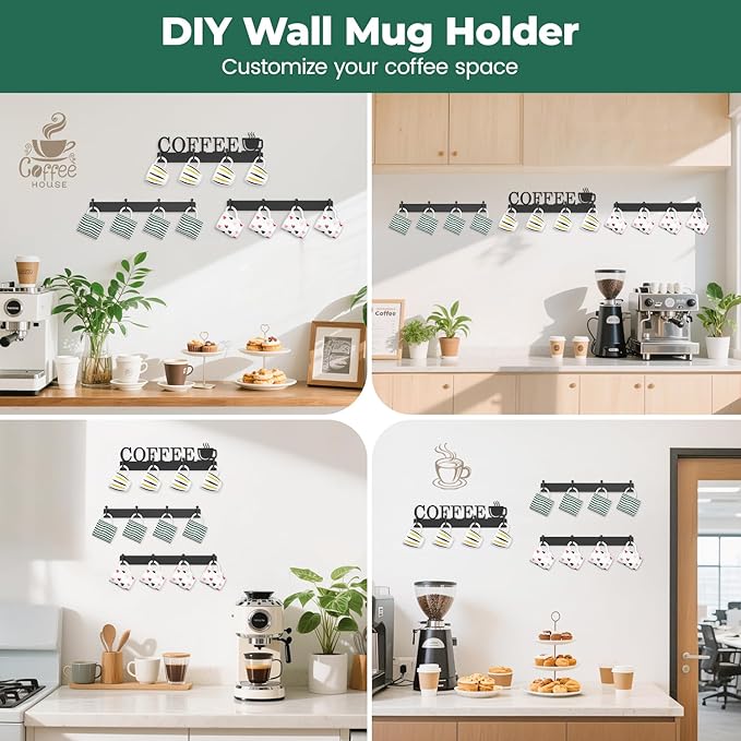 EsLuker.ly Mug Holder Rack Coffee Cup Hanger Wall Mount, Metal Wall Cup Shelf Organizer Stand with 12 Hooks, Fits Most Mugs Display for Home Kitchen, Space-Saving Coffee Bar Enhancer, Set of 3, Black