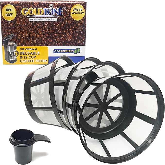 GoldTone Brand Reusable 8-12 Cup Basket Filter | Reusable Basket Coffee Filter Nylon Mesh fits Mr. Coffee, Black + Decker, Proctor Silex (4 Pack)