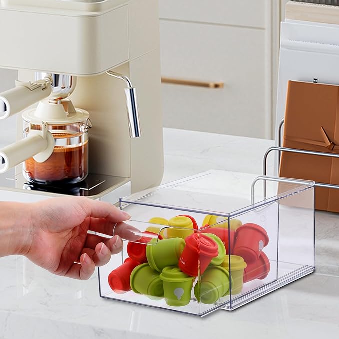 2 PACK Stackable Coffee Pod Drawers, Acrylic Clear Storage Drawers for Coffee Organizer for Home and Office