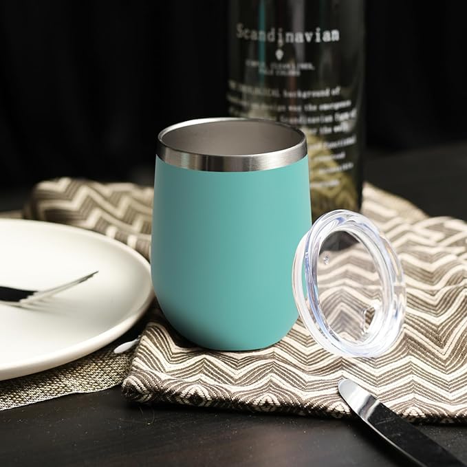 DOMICARE Stainless Steel Wine Tumbler Bulk with Lid, Personalized Insulated Tumblers Set, 12oz Travel Coffee Cups Pack of 4, Light Blue