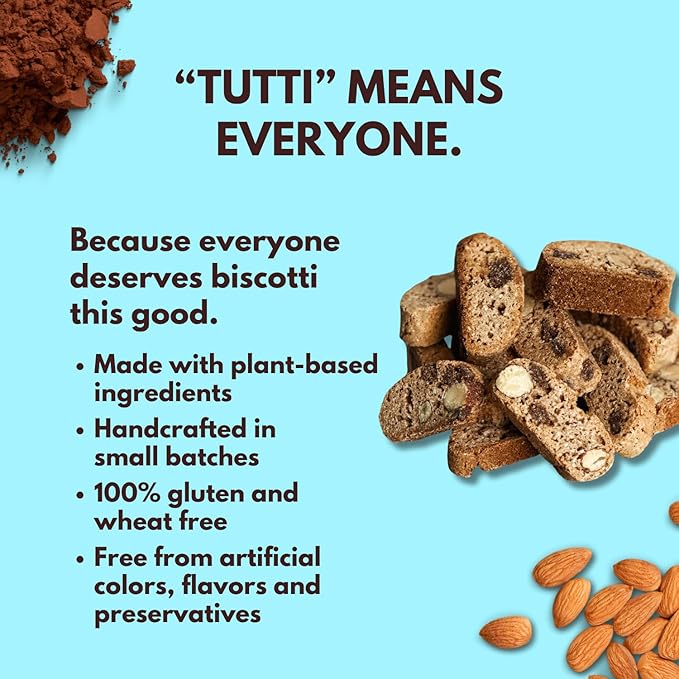 Tutti Gourmet Gluten Free Chocolate, Almond & Cinnamon Biscotti, 9.9 oz (283g) Resealable Cookie Bag - Vegan and Halal Snacks
