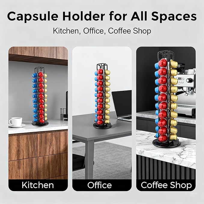 Coffee Pod Holder Compatible with Nespresso Original – 40 Pod Carousel Storage Stand, 360° Rotating Coffee Capsule Organizer, Space-Saving Countertop Holder for Coffee Lovers (Black)