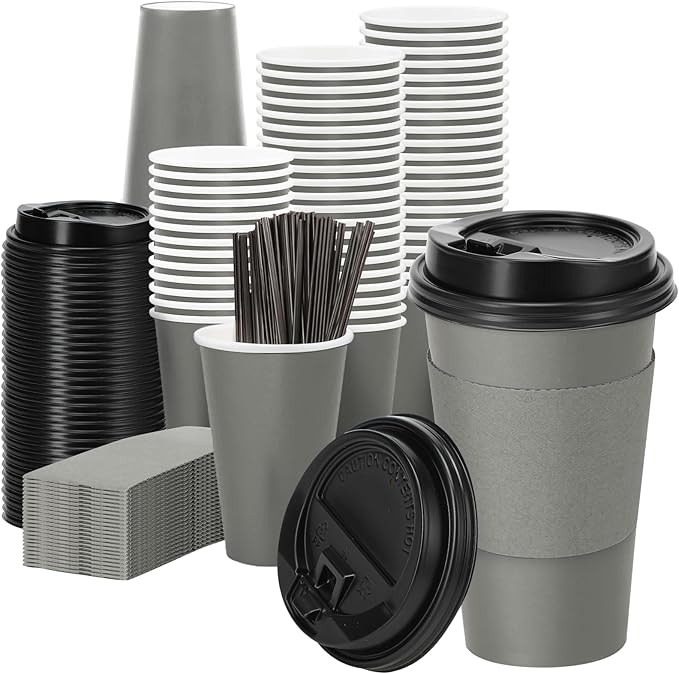 Lamosi 100 Pack 16 oz Disposable Coffee Cups with Lids and Sleeves, Grey Leak-Proof To Go Coffee Cups with Lids, Hot/Cold Beverage White Drinking Cup for Home, Office, Parties, Travel