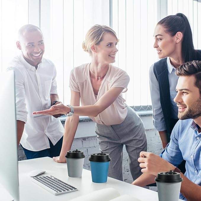 LITOPAK 100 Pack 10 oz Disposable Paper Coffee Cups with Lids for Coffee, Water, Juice, or Tea, Blue and Gray Hot Paper Cups for Home, Restaurant, Store, and Cafe