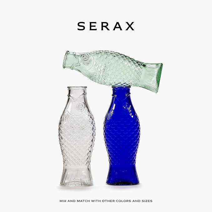 Serax Glass Water Pitcher | Fish & Fish glassware by Paola Navone | Wine Carafe Decanter 28.74 fl oz | Clear Light Blue Bottle Container, hot or cold Drinks | Beverage Dispenser | Suitable as Vase