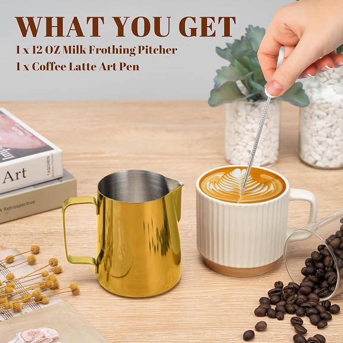 Milk Frothing Pitcher, 12 oz Milk Frother Cup with Clear Scale, 304 Stainless Steel Cappuccino Espresso Machine Accessories for Barista Coffee Bar with Latte Art Pen, Gold