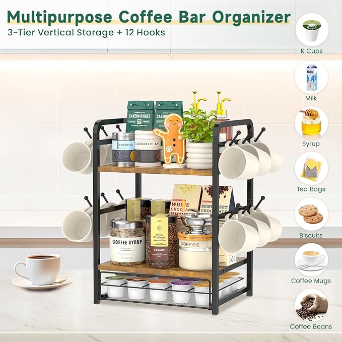 EsLuker.ly Coffee Bar Organizer Station Shelf Mug Holder for Countertop, 3 Tier Coffee Cup Stand Rack with 12 Hooks for Home Office, K Cup Pod Organizer Drawer, Keeps Essentials Tidy & Accessible