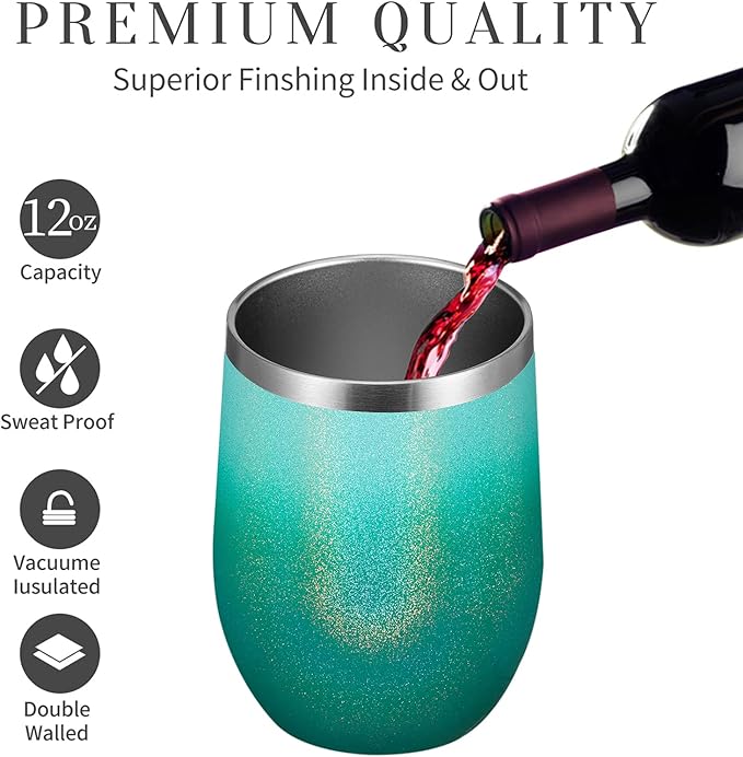MEWAY 12oz/8 Pack Wine Tumbler Glasses with Lid - Stemless Double Wall Vacuum Stainless Steel Glitter Tumbler - Keeping Cold & Hot Cup for Coffee,for Women(Gradient Blue,Set of 8)