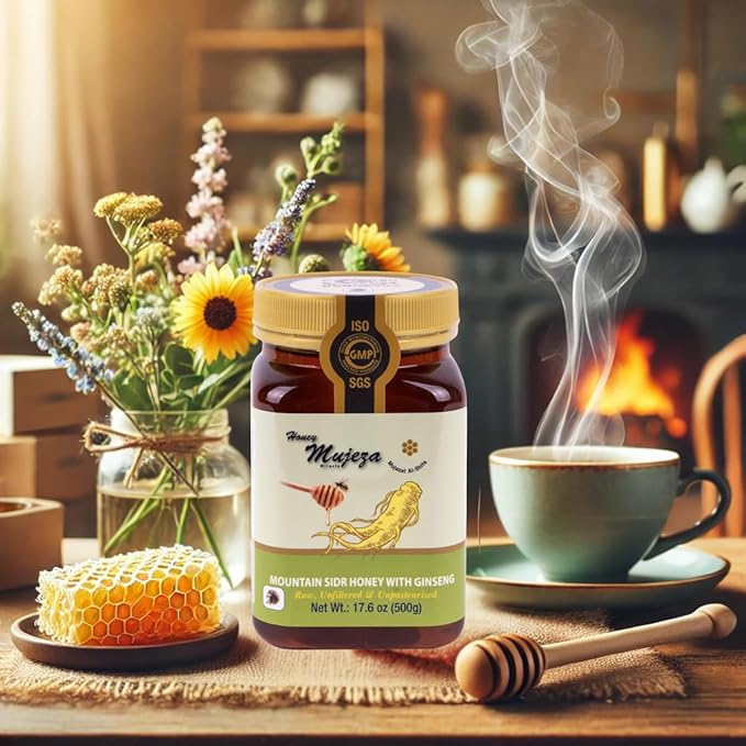 Raw Mountain Sidr Honey with Fresh Royal Jelly and Red Korean Ginseng | Sugar-Free, Gluten-Free, Natural Liquid Honey (500g / 17.6oz)