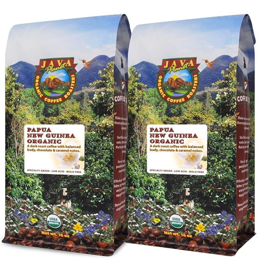Low Acid Organic Coffee – Whole Bean, Mold-Free & Stomach Friendly by Java Planet, Papua New Guinea Single Origin Coffee, Dark Roast, Smooth Full Flavored, 2x1LB Bag