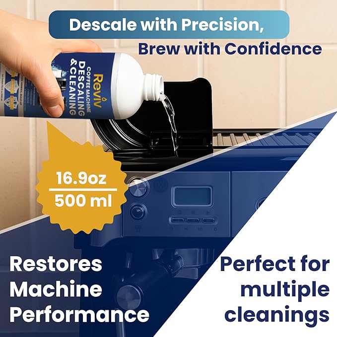 REVIV Coffee Maker Descaling Solution (4 Uses) 16.9 fl oz – Universal Coffee Descaler for Keurig, Nespresso, Breville & Delonghi Machines – Descaler for Multi-Cup & Single Serve Brewers