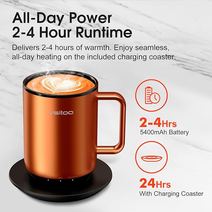 Vsitoo S3 Plus 14oz Heated Coffee Mug - Temperature Control Smart Mug with Mug Warmer, Auto-Sensing AI Heats Drinks to 120-150°F Hands-Free.Ideal for Home/Office/Gifts，Copper