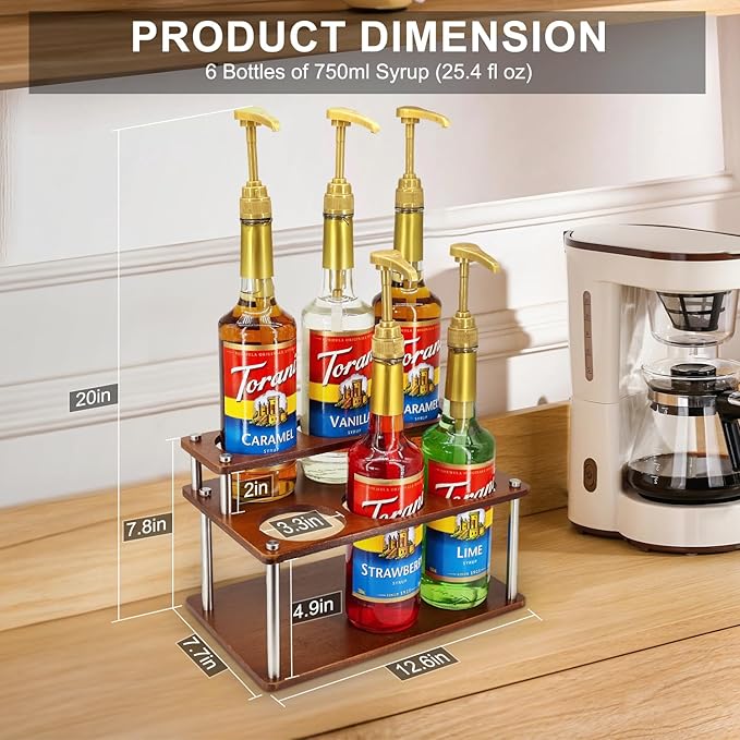 Coffee Syrup Organizer Rack,2-Tier Coffee Syrup Stand Holder for Coffee Station Countertop,6 Bottles Storage Display Shelves for Wine, Dressing Cocktail in Coffee Bar