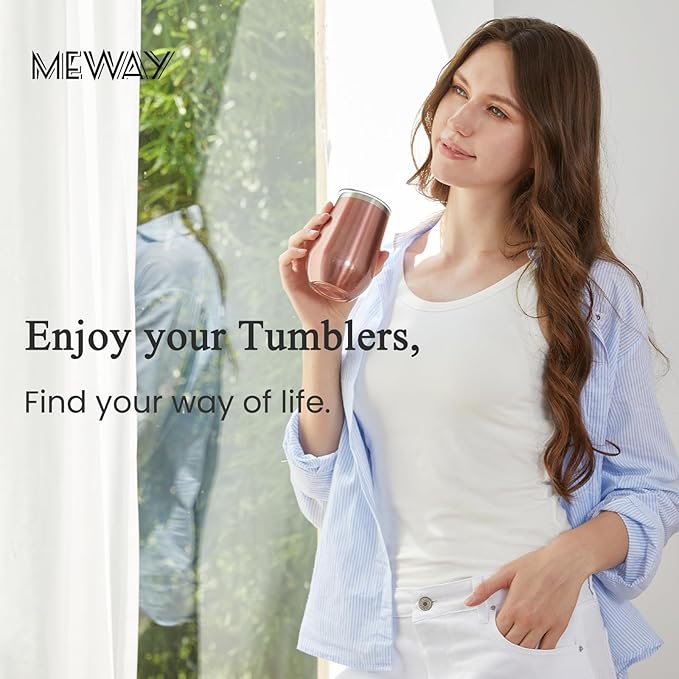 MEWAY Stainless Steel Wine Tumbler with Lid and Straw 12oz - Stemless Insulated Wine Cup Glasses for Coffee,Cocktails,Drinks,Champagne, and Office Use, Ideal for Parties and Gifts(Rose Gold. Set of 4)