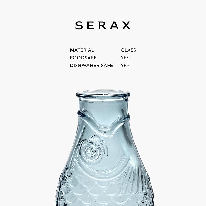 Serax Glass Water Pitcher | Fish & Fish glassware by Paola Navone | Wine Carafe Decanter 28.74 fl oz | Clear Light Blue Bottle Container, hot or cold Drinks | Beverage Dispenser | Suitable as Vase