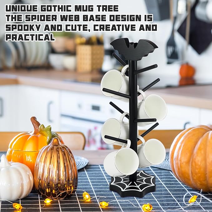 Bat Mug Holder Tree - 8 Hooks Coffee Mug Rack - Gothic Home Decor Wood Coffee Mug Tree for Countertop - Coffee Cup Holder for Halloween Kitchen Organizer & Coffee Bar Accessories (Spider Web)