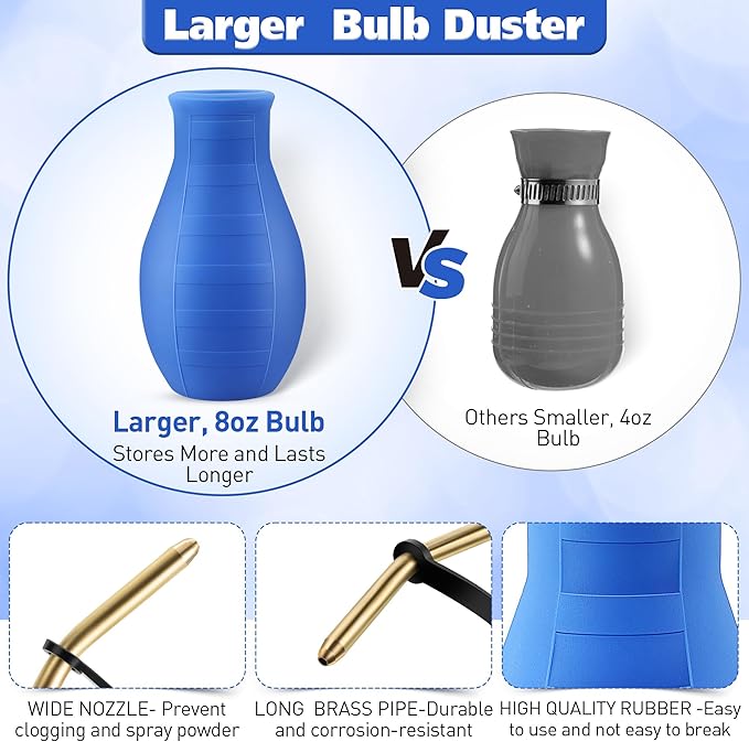 Diatomaceous Earth Powder Duster, Garden Powder Applicator Dispenser with Long Metal Tube, Bulb Duster Sprayer Insect Duster for Home Powder for Organic Gardening Agricultural Supply 2 Pack (Blue)