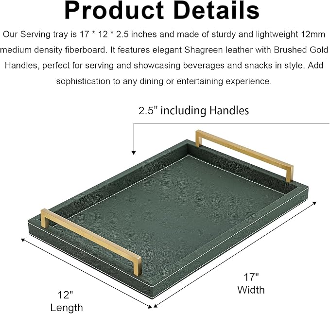 Green Decorative Serving Tray,Rectangular Tray for Coffee Table,Faux Leather Serving Tray with Handles for Ottoman,Shagreen Leather Tray for Bathroom