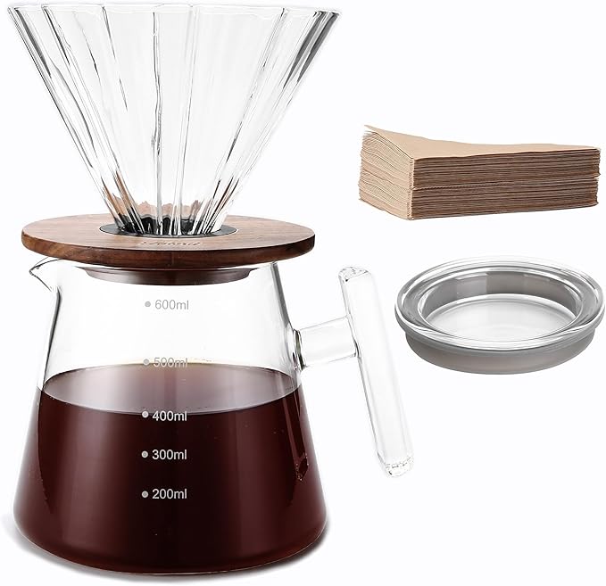 Pour Over Coffee Maker, 20 oz Borosilicate Glass Set with 100 pcs Paper Filter, Walnut Collar & Glass Lid, Drip Coffee Maker, 1-3 Cups, Clear, 600 ml, Petal Shape