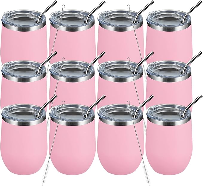MEWAY 12oz/12 Pack Wine Tumbler Glasses with Lid -Double Wall Vacuum Stainless Steel Travel Tumbler Mug,Stemless Insulated Wine Cup for,Coffee,Cocktails,Gifts (Pink,Set of 12)