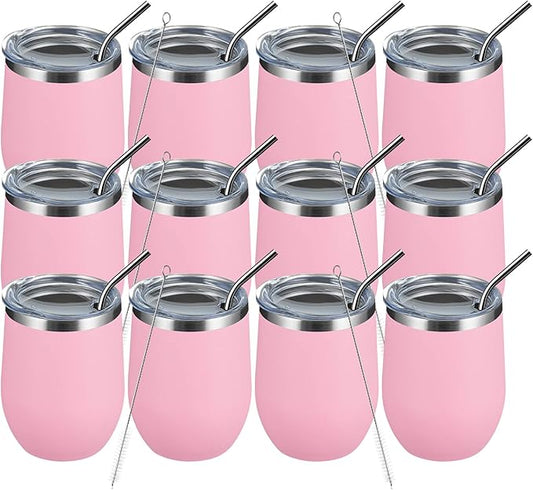 MEWAY 12oz/12 Pack Wine Tumbler Glasses with Lid -Double Wall Vacuum Stainless Steel Travel Tumbler Mug,Stemless Insulated Wine Cup for,Coffee,Cocktails,Gifts (Pink,Set of 12)