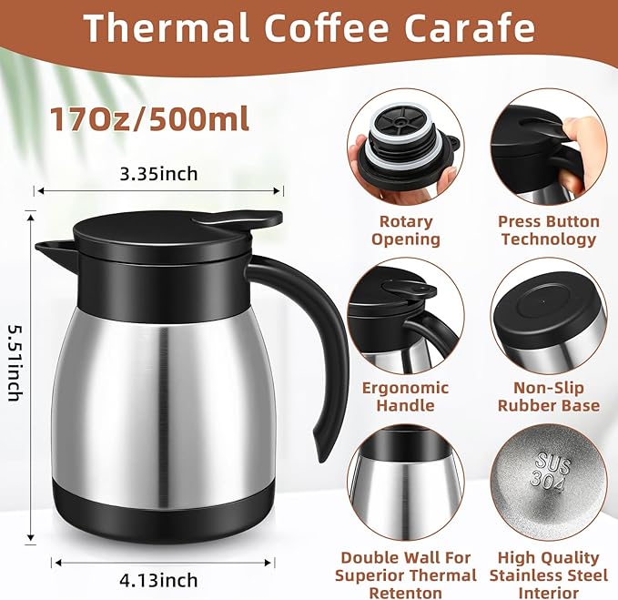 Norme 2 Pcs Thermal Coffee Carafe Insulated Stainless Steel Coffee Carafe for Hot Liquid Vacuum Thermal Pot Creamer Pitcher Dispenser with Brushes Keeping Hot Water Milk(Silver,17 oz)